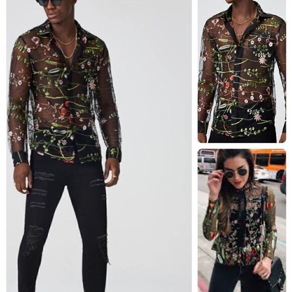 Sheer Embroidered Collared button Down Top - Picture 1 of 9